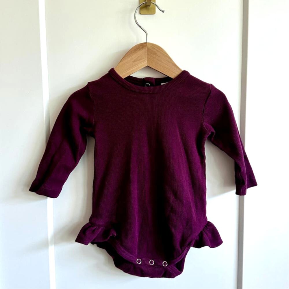 Kate Quinn Organic Skinny Rib Ruffle Leg Bodysuit in Deep Violet - 6-12 Mo